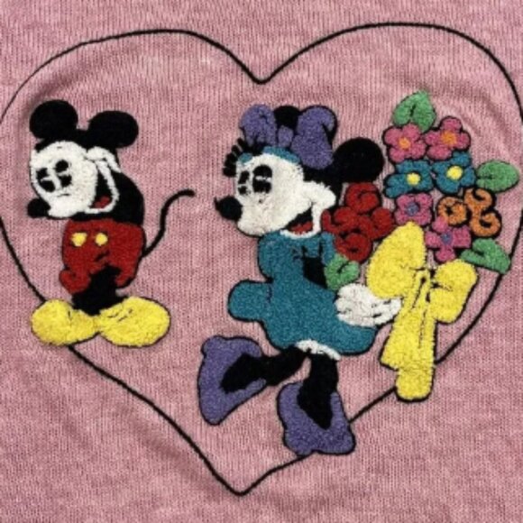 Sunday Comics Sweater M Vintage Mickey Minnie Flowers Short Sleeve Pink Textured - Picture 3 of 6
